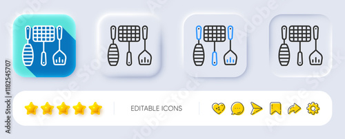 Grill tools line icon. Neumorphic, Flat shadow, 3d buttons. Barbecue utensils sign. Food cooking baskets and spatula symbol. Line grill tools icon. Social media icons. Vector