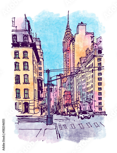 Architecture sketch illustration. Travel sketch of New York, USA.  Freehand drawing. Landscape colorful big city downtown. Watercolor Digital Drawing of the street. Skyscrapers American City. 