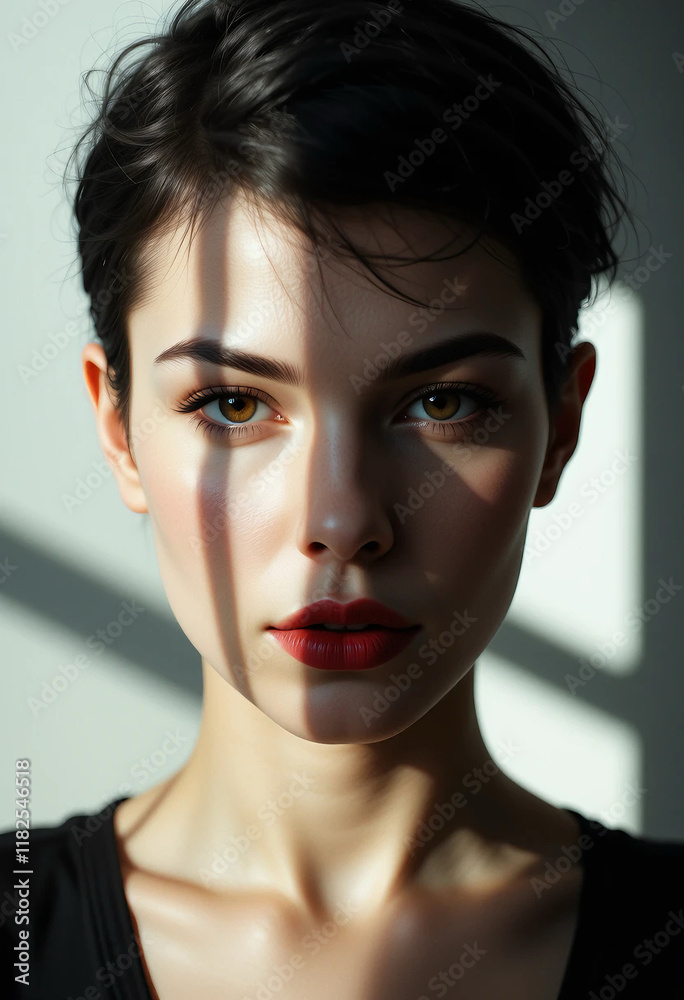 Close-up portrait of a fashion model showcasing a trendy bob haircut, vibrant red lipstick, and captivating green eyes, creating a chic and modern look against a softly lit background. Close-up portrait of a fashion model showcasing a trendy bob haircut, vibrant red lipstick, and captivating green eyes, creating a chic and modern look against a softly lit background.