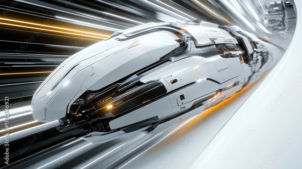 Fototapeta premium High-speed futuristic train in white tunnel with golden light effects. advanced transportation innovation.