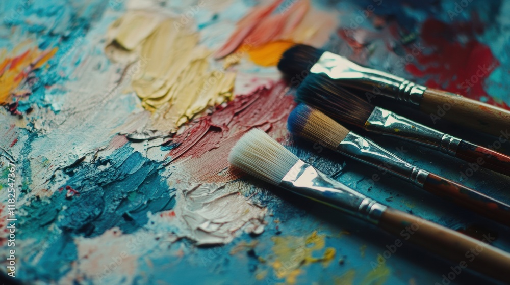 Vibrant paint palette with assorted brushes, showcasing a spectrum of colors ready for artistic creation, ideal for creative projects and inspiration Vibrant paint palette with assorted brushes, showcasing a spectrum of colors ready for artistic creation, ideal for creative projects and inspiration