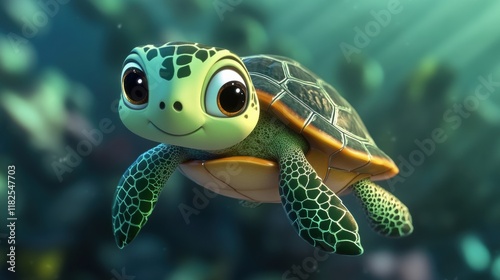 Charming cartoon turtle, vibrant shiny shell, playful expression, whimsical design, appealing to children and nature lovers alike photo