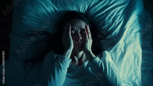 Young woman suffering from insomnia and crying in bed