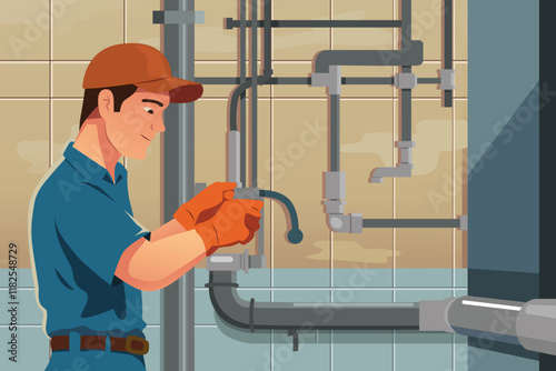 Plumber Working on Plumbing Vector Illustration