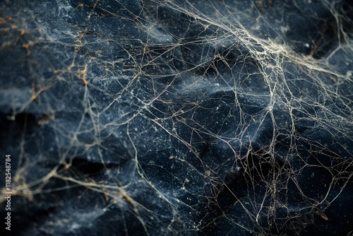 Intricate network of delicate spider webs on dark surface