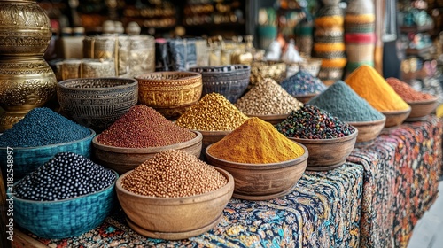 Vibrant array of diverse spices in middle eastern market display
