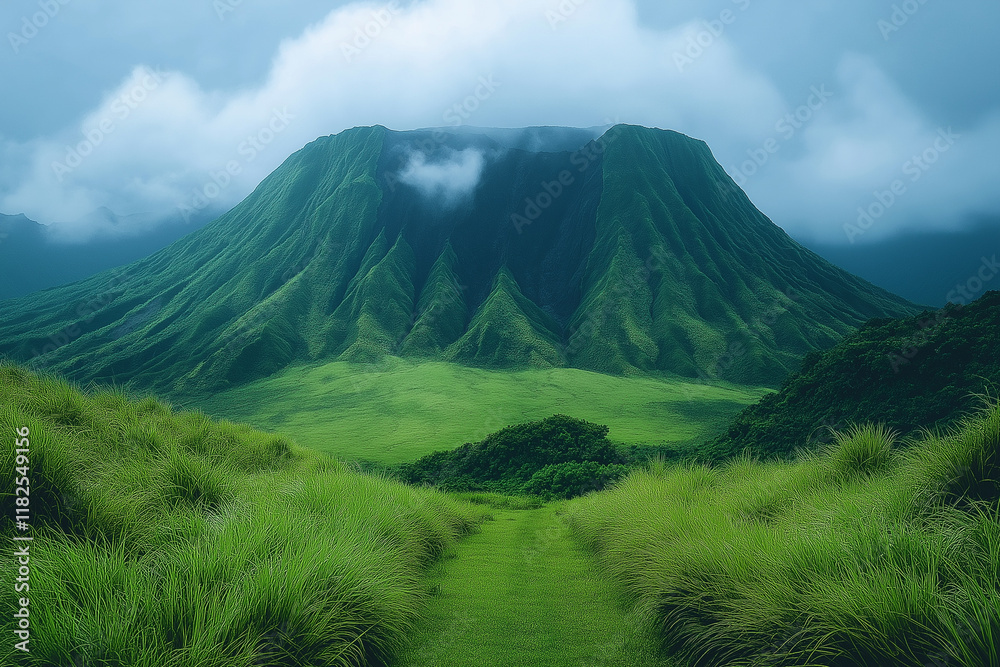 Volcan endormi avec fumée légère et végétation luxuriante Volcan endormi avec fumée légère et végétation luxuriante