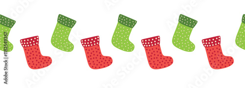 Merry Christmas seamless horizontal banner with candy cane, gingerbread, Christmas boot, flat illustration