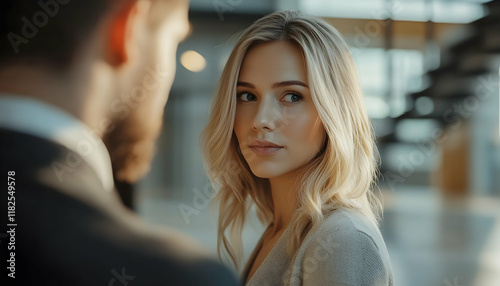 Wallpaper Mural Portrait of Blonde Business Woman Having Informal Meeting with Handsome Man in Office Hall  - Torontodigital.ca