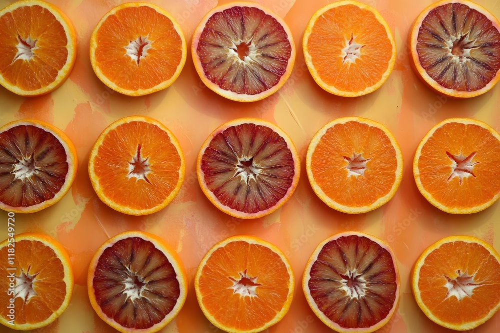 Vibrant halved oranges and blood oranges on patterned background Vibrant halved oranges and blood oranges on patterned background
