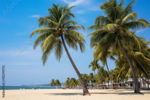 Fototapeta Naklejka Na Ścianę i Meble -  Coconut palm trees growing on a beautiful white sand beach under a clear blue sky