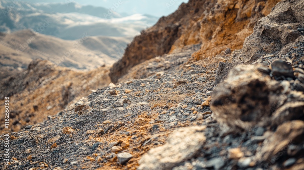 Rugged mountain terrain with rocky cliffs and distant peaks in arid landscape Rugged mountain terrain with rocky cliffs and distant peaks in arid landscape