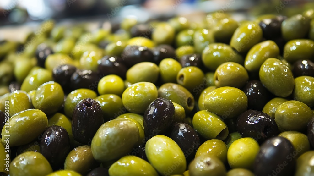 Variety of fresh green and black olives on display