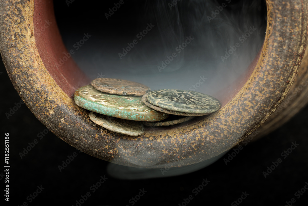 Εκτύπωση καμβά Close-up of ancient Roman coins inside a rustic clay jar, with smoke creating a mystical atmosphere