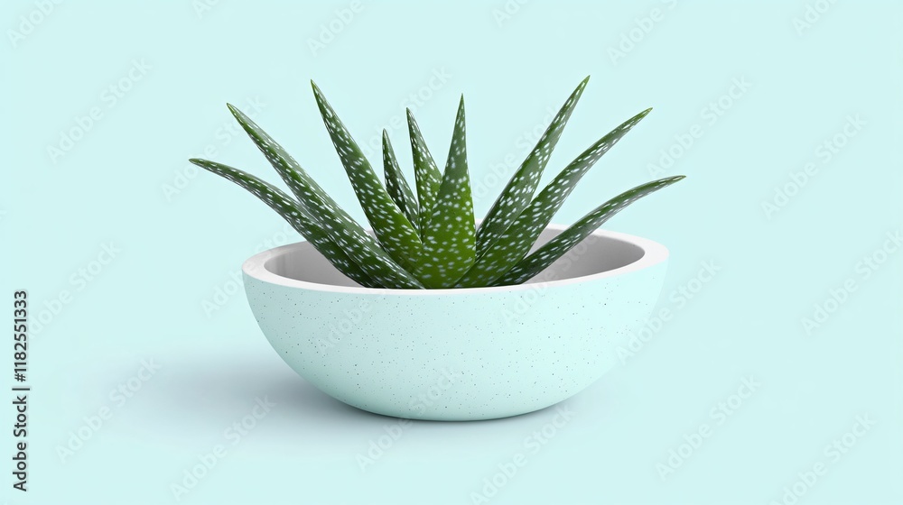 Fototapeta premium Pastel Blue Bowl with Spotted Aloe Vera Plant Minimalist Succulent