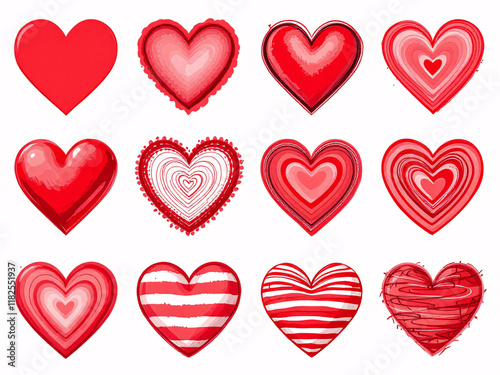 Diverse collection of red hearts in various textures and styles, symbolizing love and creativity.