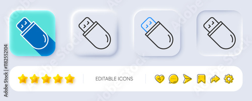 Usb stick line icon. Neumorphic, Flat shadow, 3d buttons. Computer memory component sign. Data storage symbol. Line usb stick icon. Social media icons. Vector