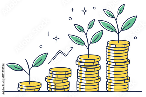 Gold coins stacks, green plant sprouts, financial growth concept, wealth accumulation, investment returns, sparkles, minimalist illustration, flat design, yellow and green color scheme, white backgrou