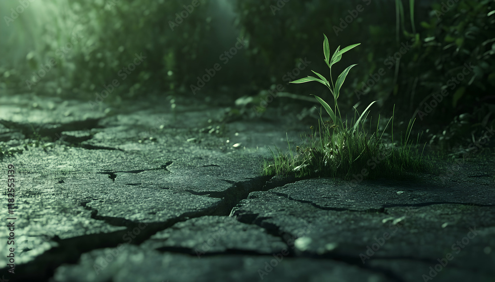 Fototapeta premium Resilient grass sprouting through cracks in an old road surface, symbolizing perseverance and growth -