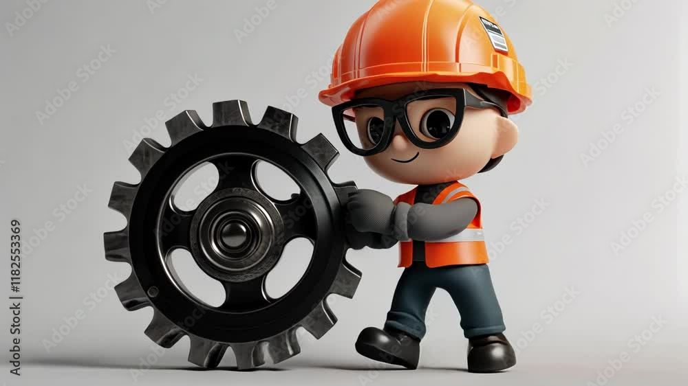 3D Cartoon Builder Character in Safety Helmet Working on Construction Job 3D Cartoon Builder Character in Safety Helmet Working on Construction Job