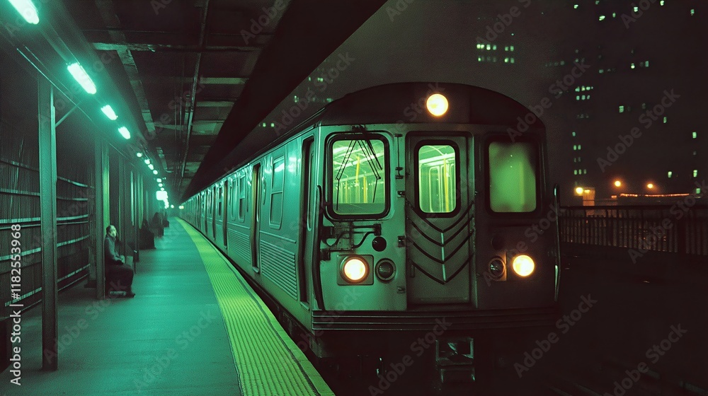 Fototapeta premium New York Subway Train at Night on 35mm Film
