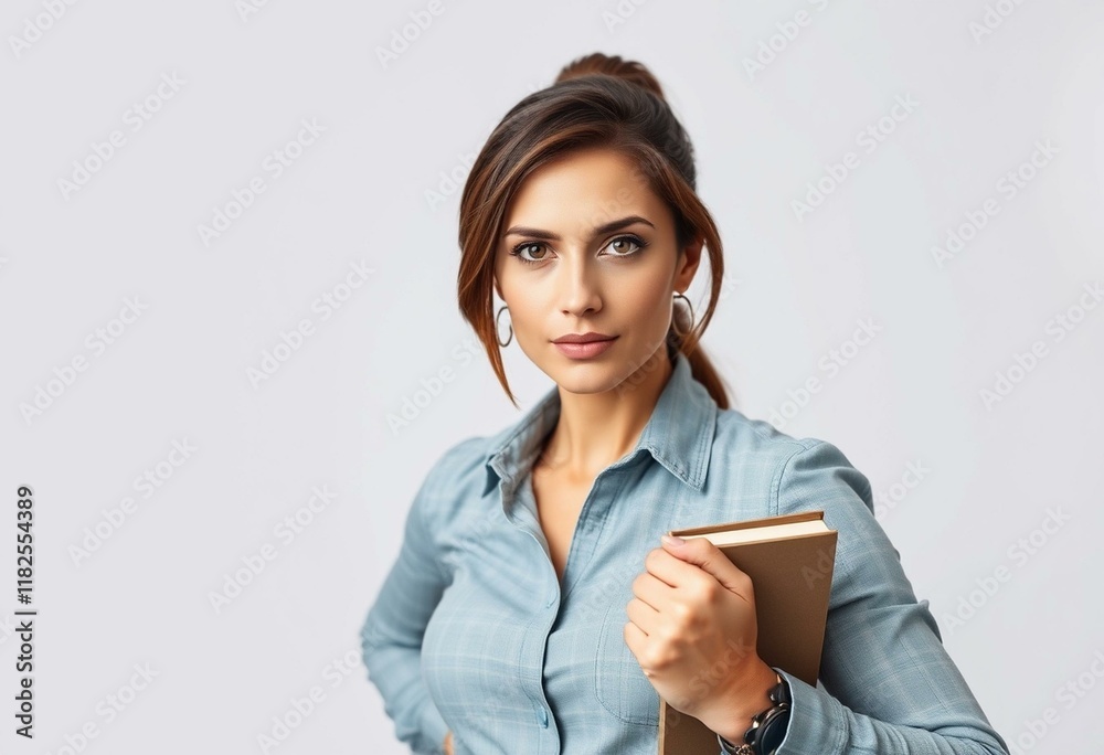 Strong woman with determined expression and subtle prop