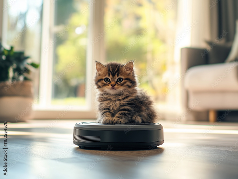 Obraz premium Lindo gato juega sobre una aspiradora en el salón de una casa