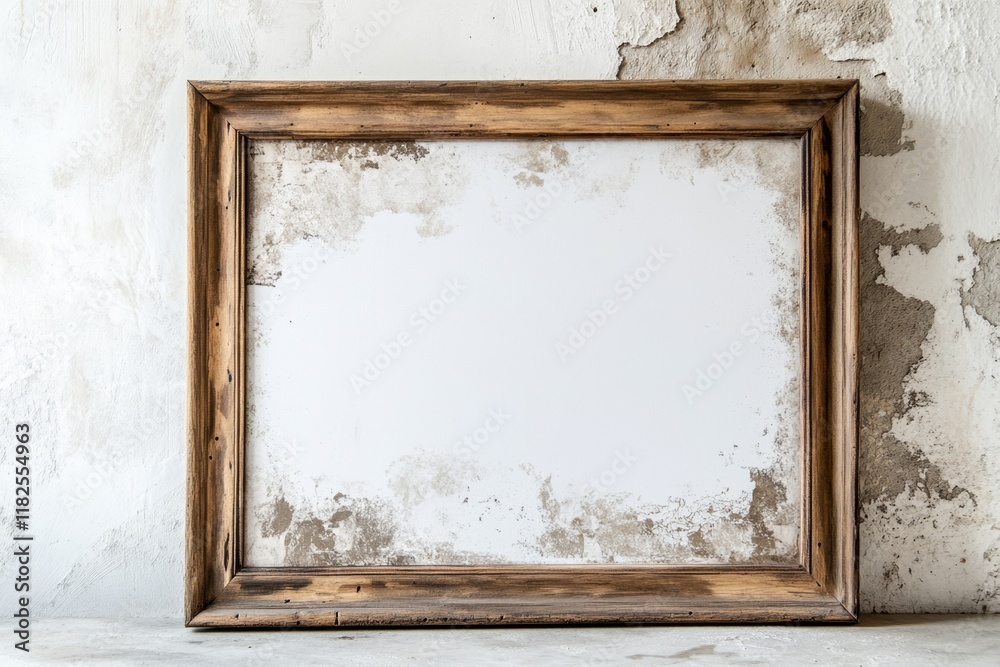Fototapeta premium Rustic wooden frame leaning against a weathered wall, inviting creativity and artistic expression in a serene setting