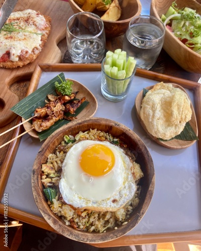 Traditional Balinese Cuisine Platter Featuring Nasi Goreng with Fried Egg, Chicken Skewers, Fresh Vegetables, and Assorted Side Dishes in Wooden Bowls