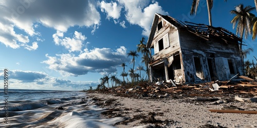 A coastal community rebuilding after being devastated by a storm surge or hurricane,  photo