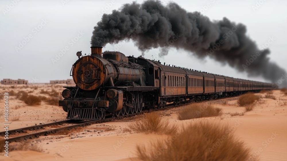 Naklejka premium vintage steam locomotive pulls a long train through an arid desert landscape, emitting thick smoke into the cloudy sky. Dusty terrain surrounds the railway, creating an atmospheric scene