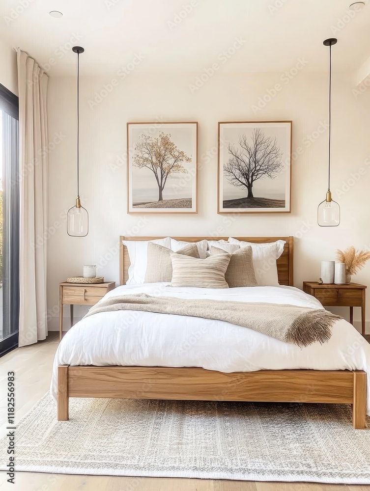 Fototapeta premium Minimalist bedroom interior, natural wood platform bed, white bedding, cream walls, framed botanical prints, pendant lights, dried floral arrangement, Scandinavian design, soft neutral tones, serene a