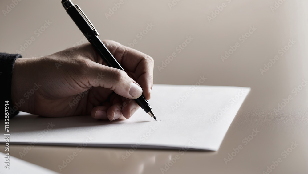 Fototapeta premium Closeup view of a hand holding a pen while writing on blank paper in a minimalist setting
