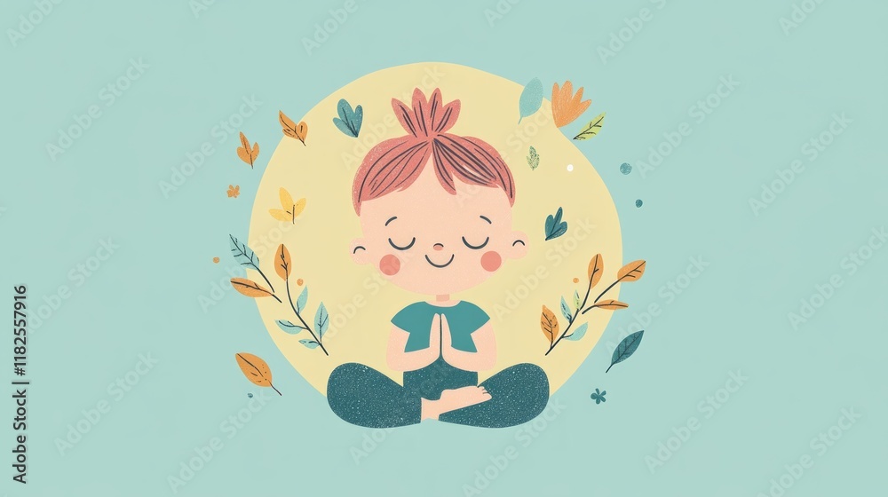 Fototapeta premium Cartoon illustration of a young caucasian girl meditating with nature elements