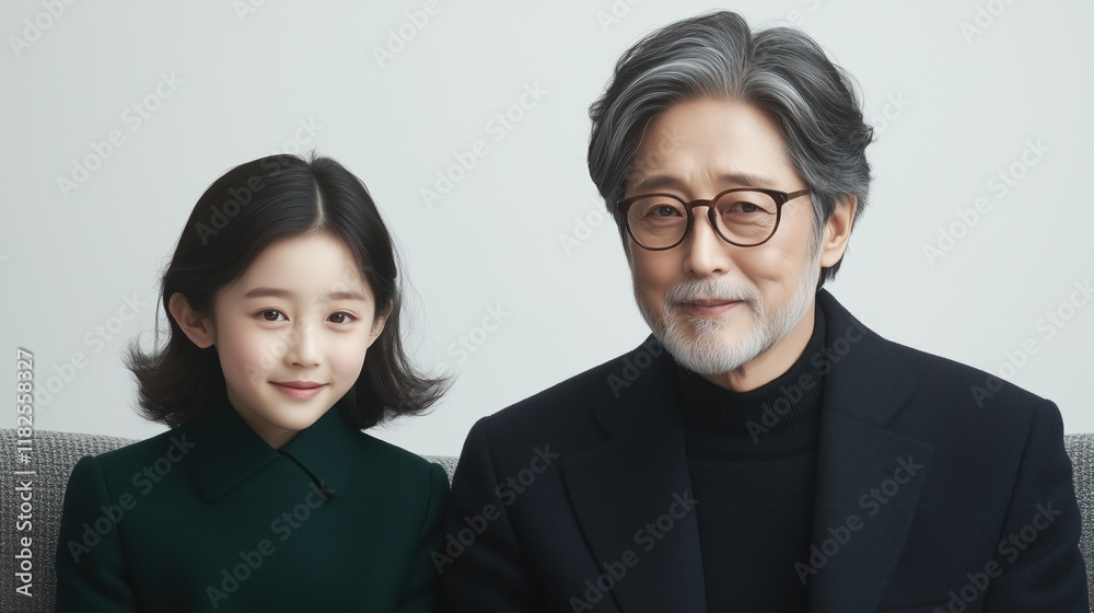 young girl and her grandfather pose together, smiling warmly. setting is minimal and elegant, highlighting their joyful connection and shared moments in a cozy indoor environment young girl and her grandfather pose together, smiling warmly. setting is minimal and elegant, highlighting their joyful connection and shared moments in a cozy indoor environment