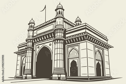 Iconic Gateway of India, Mumbai landmark, grand stone arch, colonial architecture, symmetrical design, twin towers, ornate details, sepia tones, monochromatic illustration, historical monument, touris