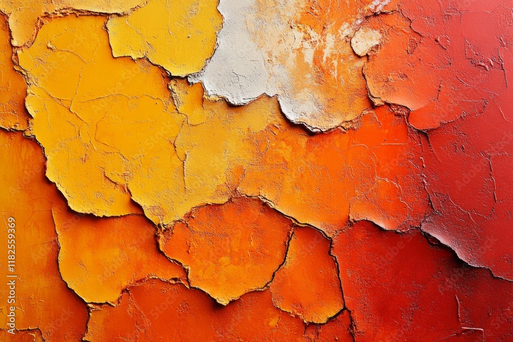Close-up of peeling paint on a wall, revealing layers of orange, red, and white, forming an abstract pattern Close-up of peeling paint on a wall, revealing layers of orange, red, and white, forming an abstract pattern