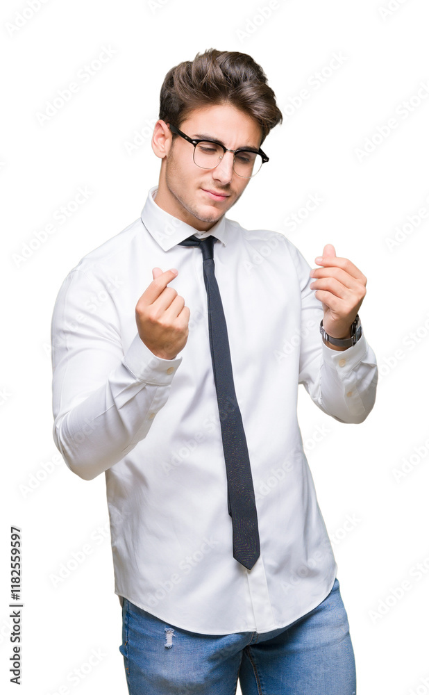 Young business man wearing glasses over isolated background Doing money gesture with hand, asking for salary payment, millionaire business Young business man wearing glasses over isolated background Doing money gesture with hand, asking for salary payment, millionaire business
