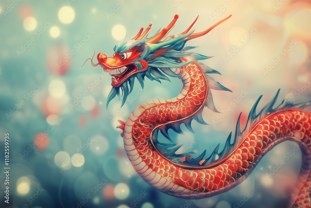 Obraz premium Chinese New Year. Elegant lion dancer in intricate gold and red costume leaps against a background 