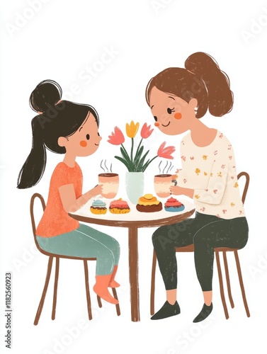 Mother and daughter enjoying tea time with pastries and flowers