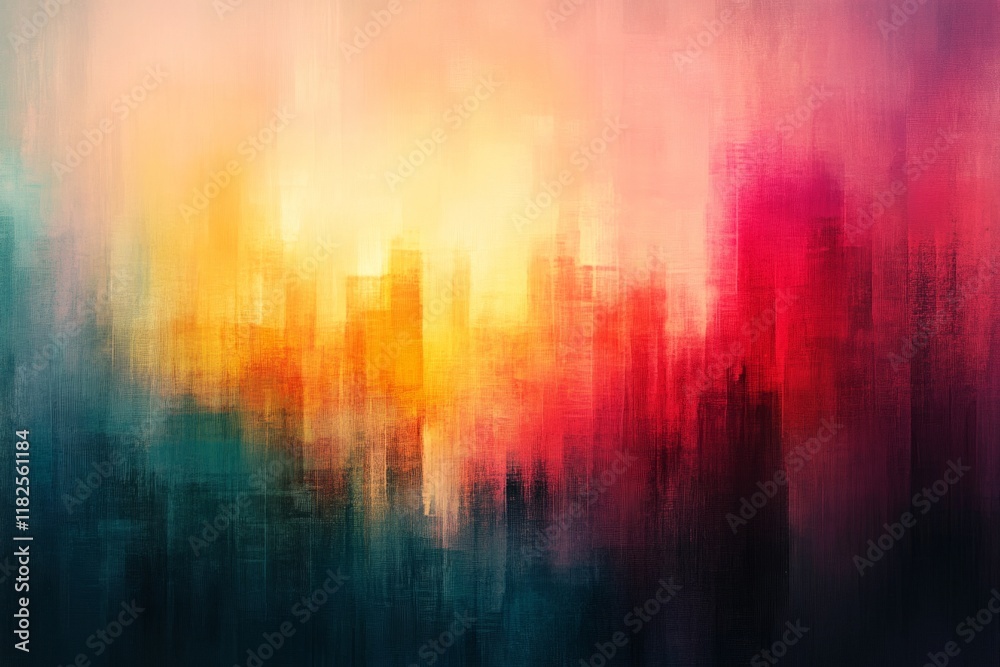 Obraz premium Colorful abstract painting representing a cityscape at sunset, created with visible brushstrokes and a blend of warm and cool colors