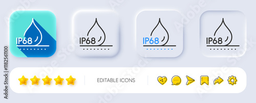 Waterproof line icon. Neumorphic, Flat shadow, 3d buttons. Water resistant ip68 sign. Drop protection symbol. Line waterproof icon. Social media icons. Vector