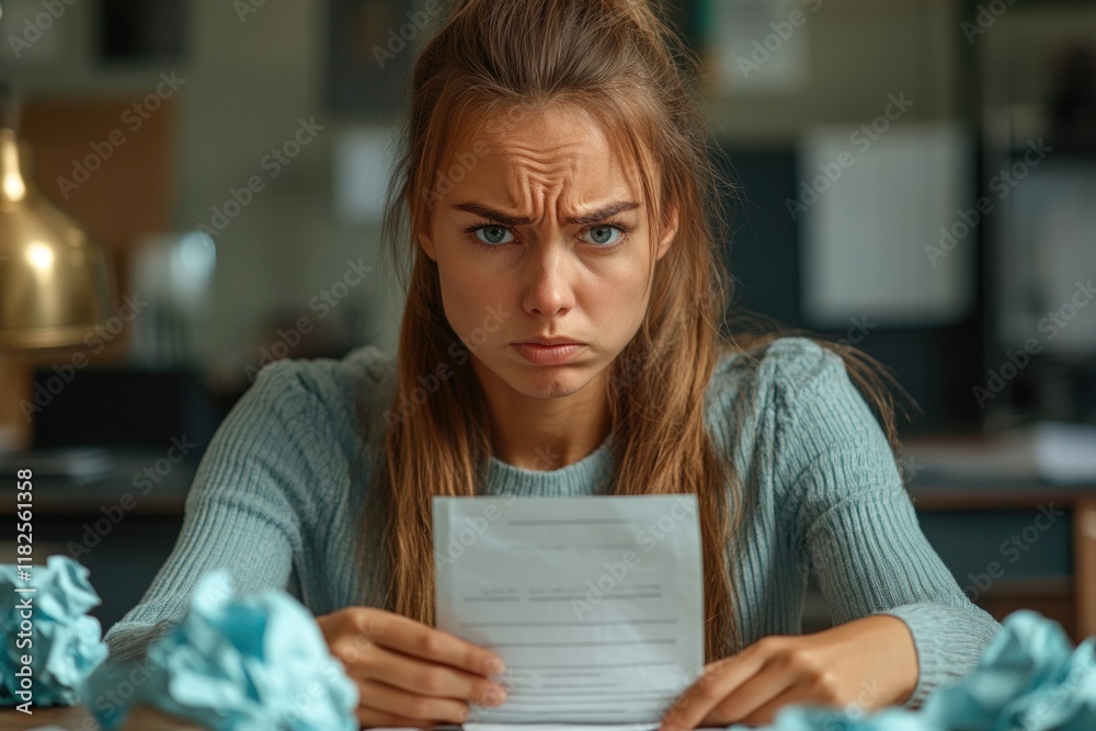 A woman sits at a table holding a piece of paper, possibly working or reading A woman sits at a table holding a piece of paper, possibly working or reading