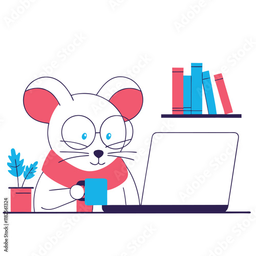 Cute hipster mouse with glasses works on laptop. Mascot character. Vector flat illustration