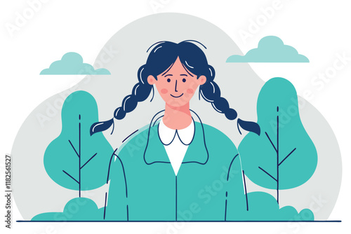 Young lovely woman with ponytails in the park vector flat illustration