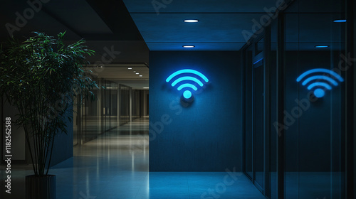 Blue glowing wi-fi on business office wall. empty interior at dark night. fast laptop internet connection, technology and communication network, hotspot data sharing symbol for device signal.