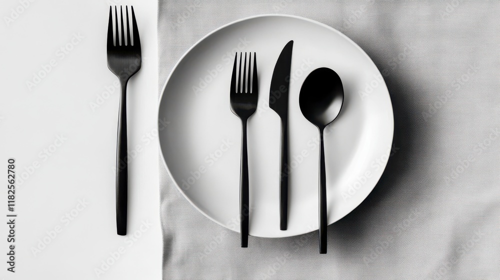 Sleek Black Cutlery Set on a White Plate: A Modern Dining Experience Sleek Black Cutlery Set on a White Plate: A Modern Dining Experience