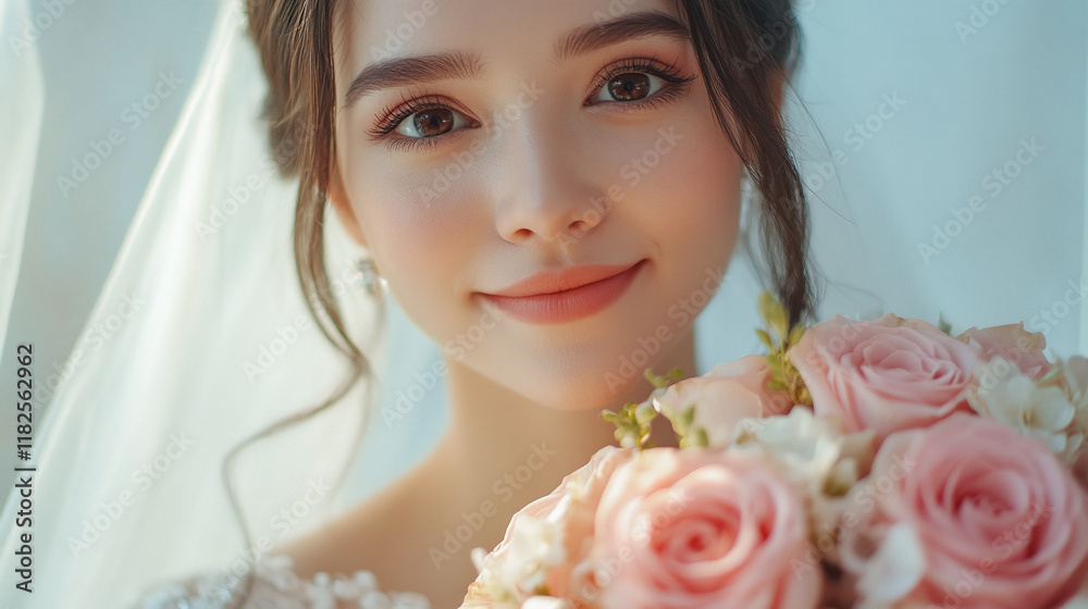 Naklejka premium Closeup of bride, young woman in white wedding dress holding a bouquet of pink rose flowers. beautiful love and marriage celebration ceremony.