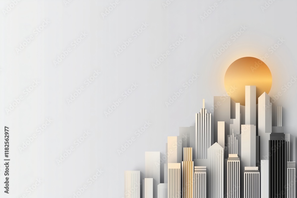 Minimalist city skyline with sun rising in the background, gradient colors. Modern urban concept