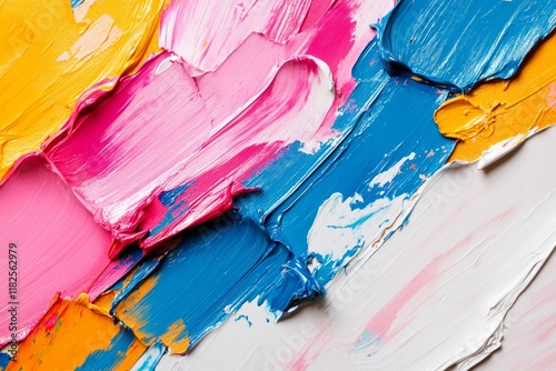 Thick oil paint in vibrant colors is applied to a canvas, showcasing brushstrokes and impasto texture